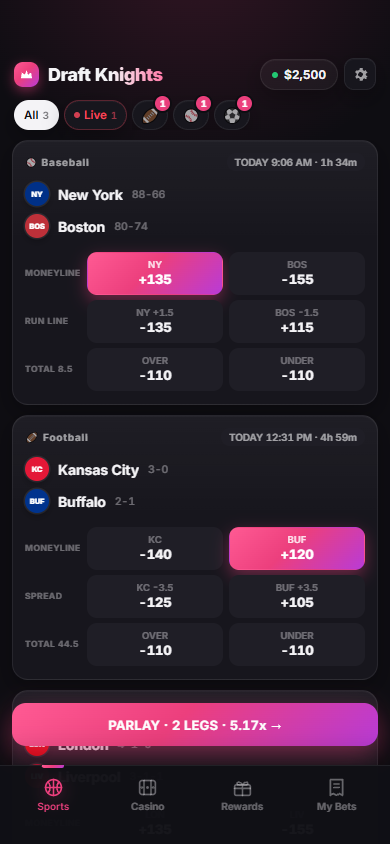 Draft Knights sportsbook with live odds