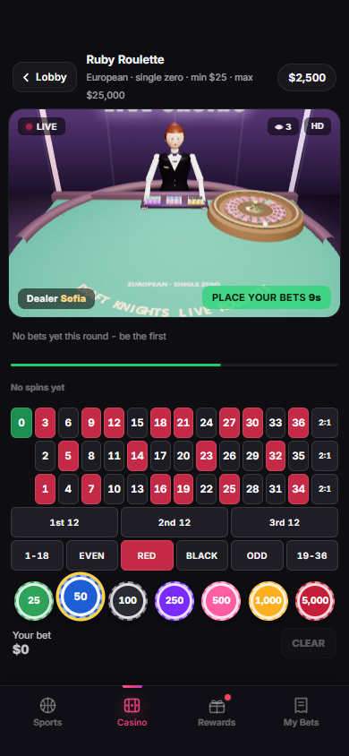 Draft Knights live roulette table with a 3D dealer